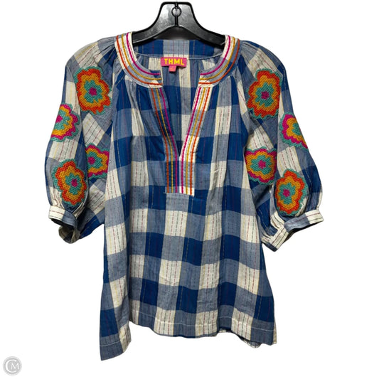 Embroidered Top Short Sleeve By Thml In Plaid Pattern, Size: M