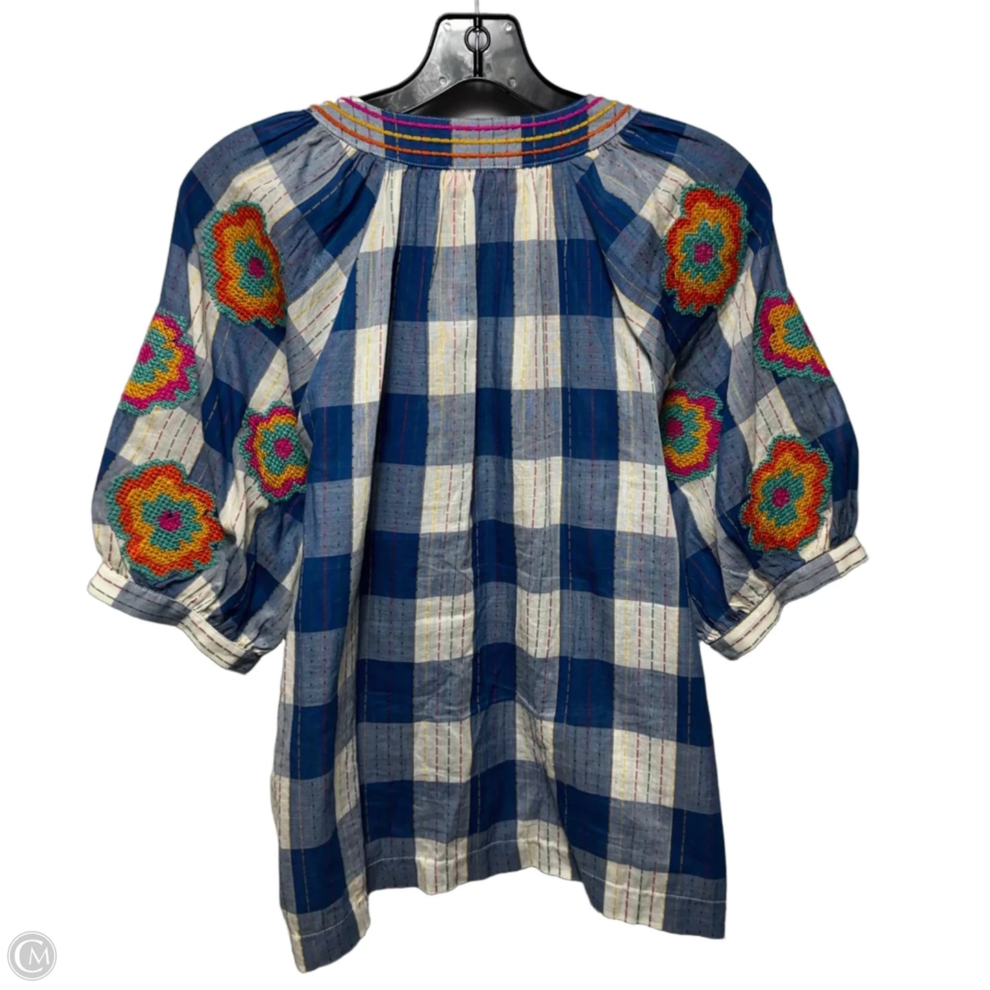 Embroidered Top Short Sleeve By Thml In Plaid Pattern, Size: M