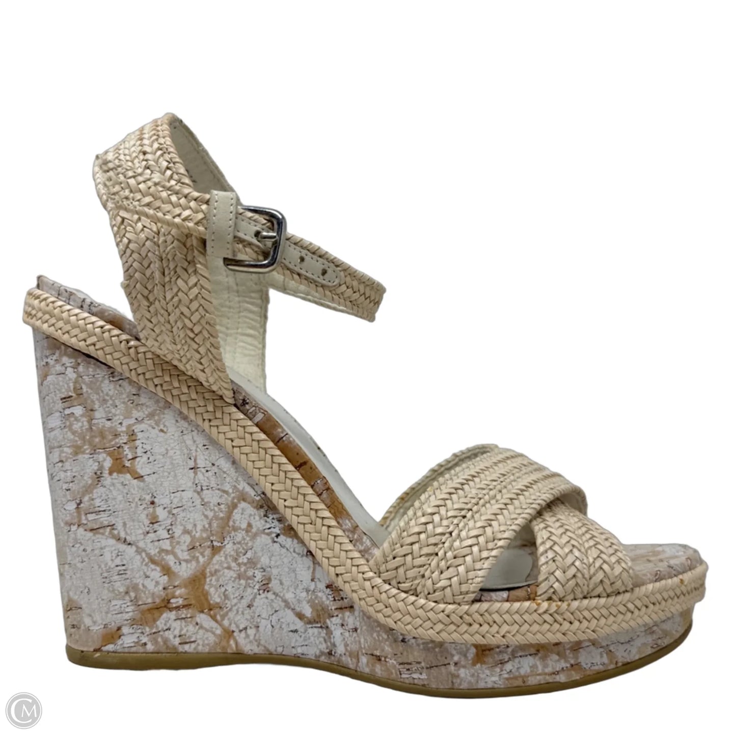 Minx Platform Wedge Sandals Designer By Stuart Weitzman In Cream & Tan, Size: 8.5