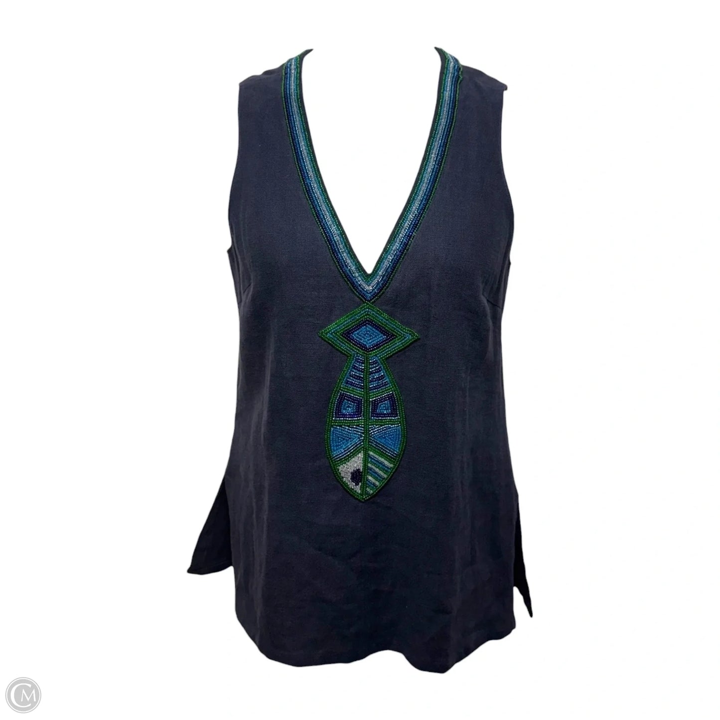 Linen Beaded Fish Top Sleeveless Designer By Tory Burch In Navy, Size: 10