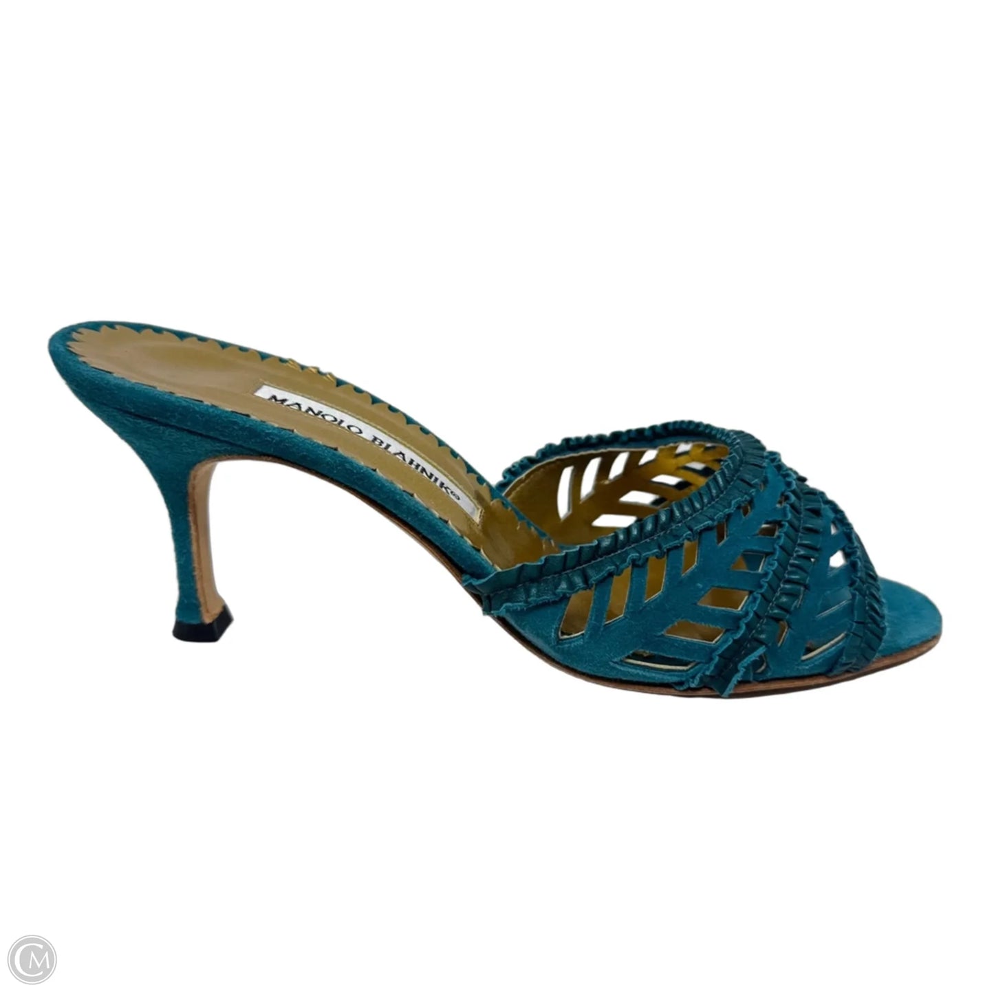 Lasercut Suede Kitten Heel Mules Luxury Designer By Manolo Blahnik In Teal, Size: 37