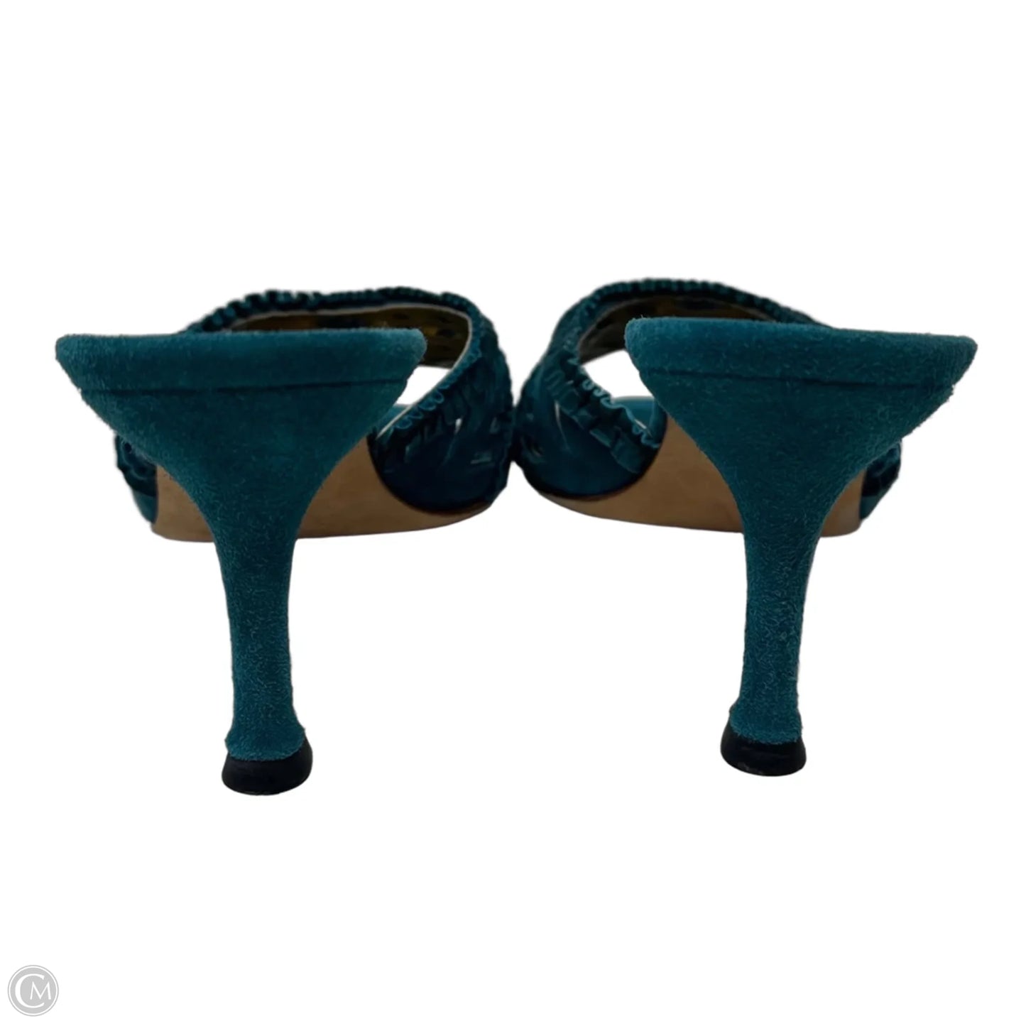 Lasercut Suede Kitten Heel Mules Luxury Designer By Manolo Blahnik In Teal, Size: 37