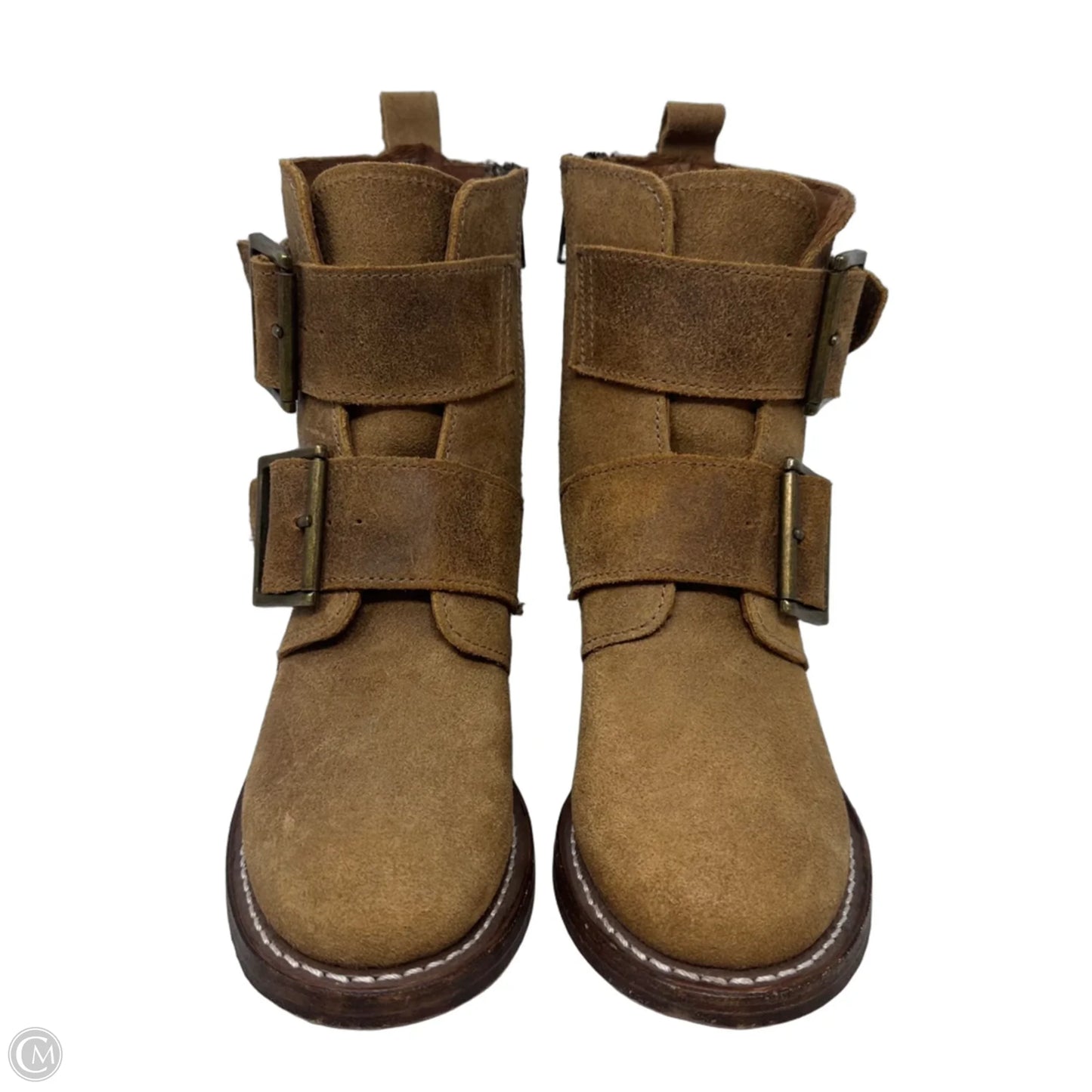Sabrina Double Buckle Boots Designer By Frye In Tan, Size: 5.5