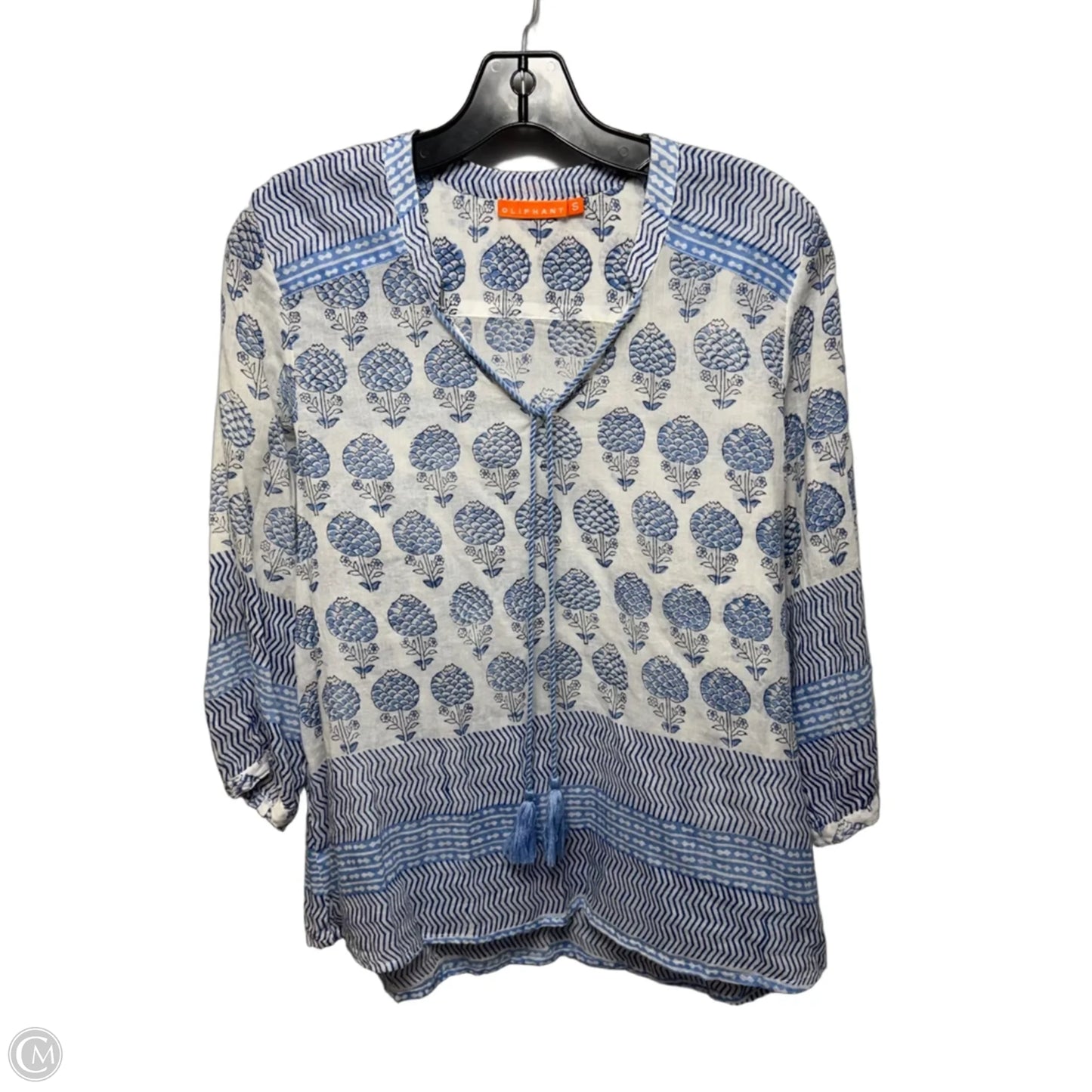 Top Long Sleeve By Oliphant In Blue & White, Size: S