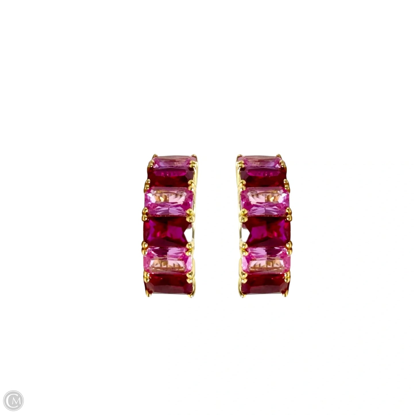Gold Over Sterling Silver & Pink Crystal Hinged Huggie Hoop Earrings By PAJ