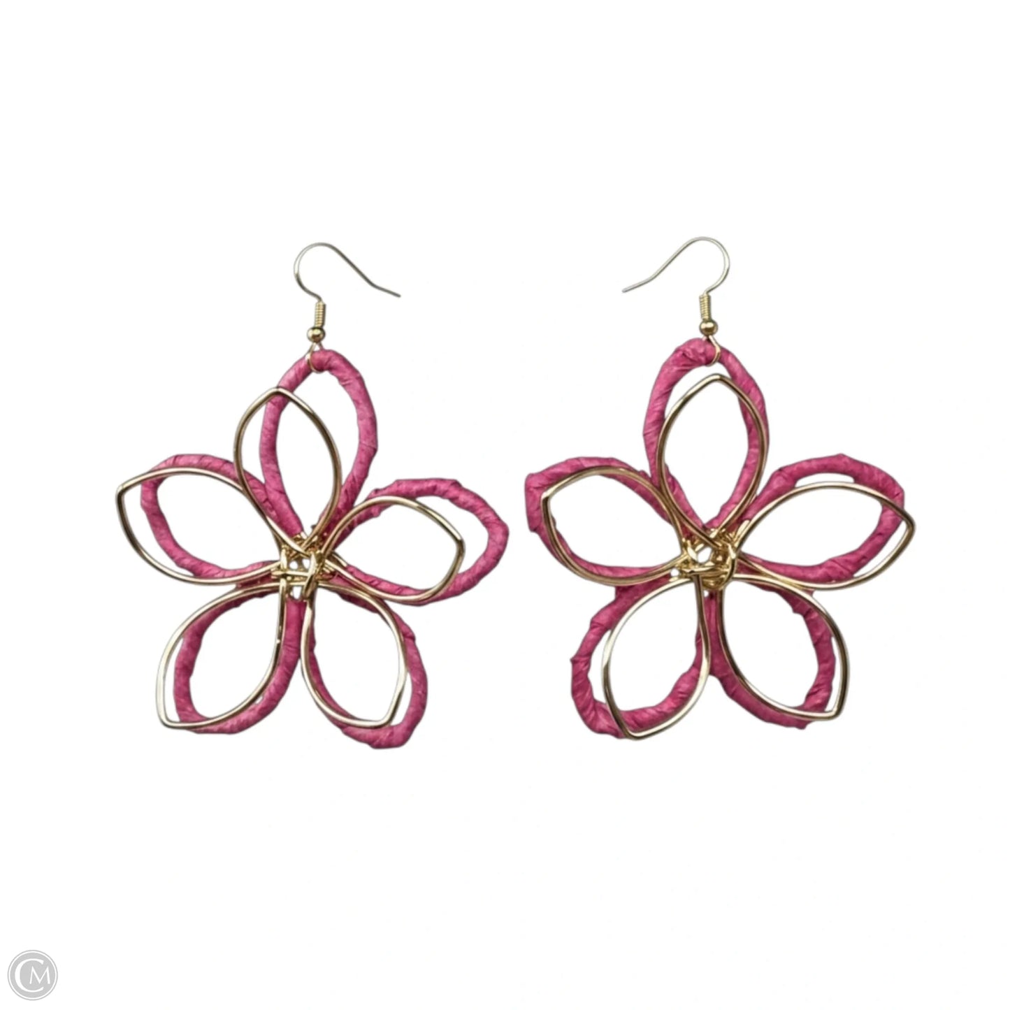 Gold Tone & Pink Wrapped Wire Flower Earrings