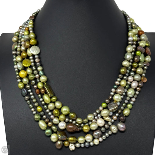Multicolor 5-Strand Layered Pearl Necklace with Sterling Silver Toggle Clasp