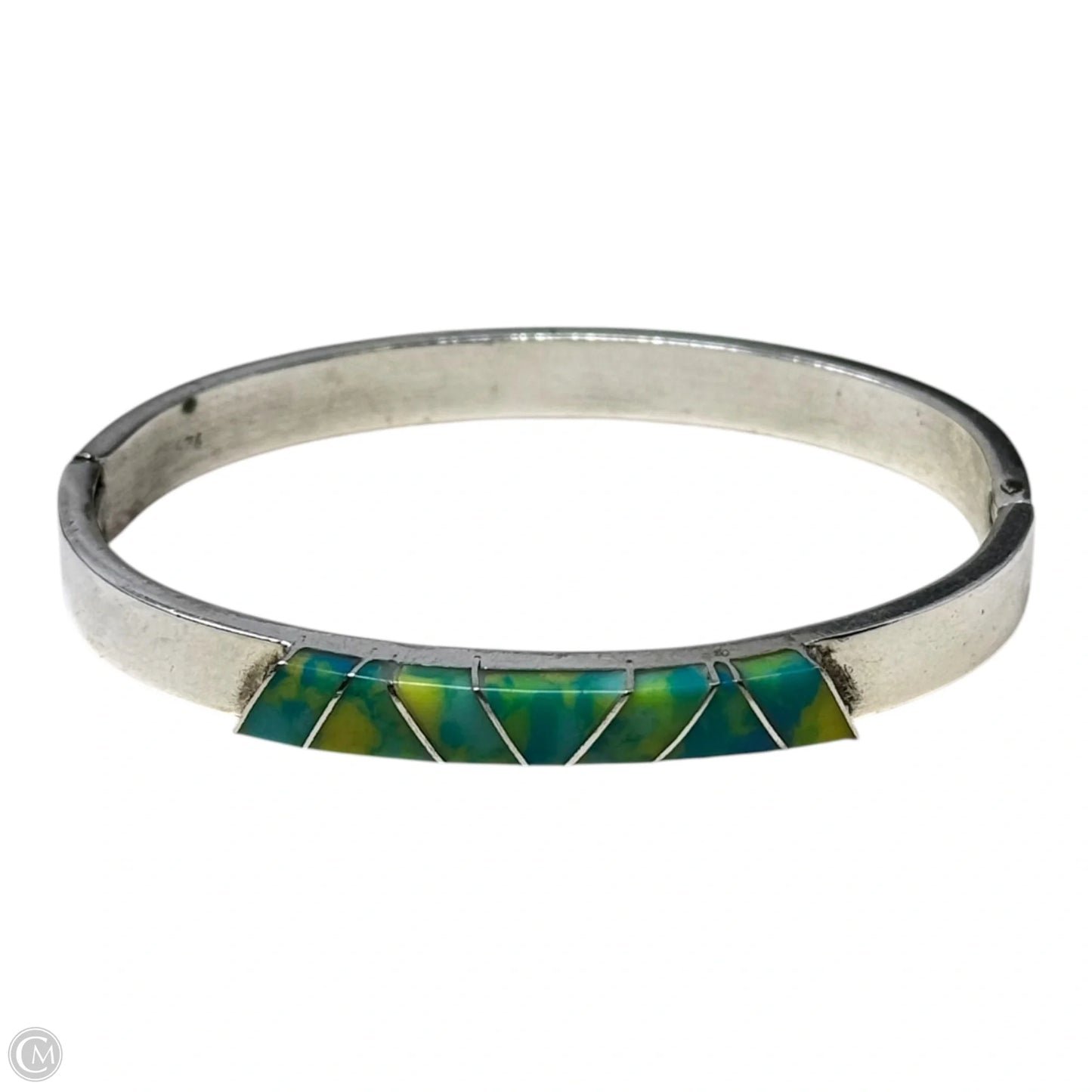 Mexican Inlay Hinged Cuff Bracelet Sterling Silver
