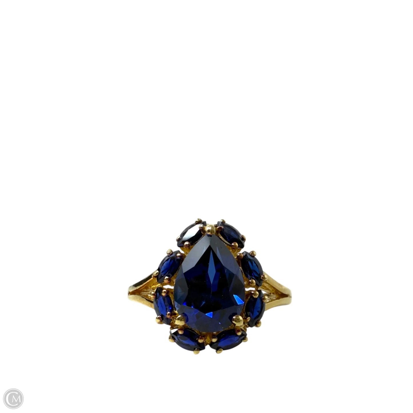 Gold Over Sterling Silver & Pear Cut Halo Sapphire Cocktail Ring, Size: 8