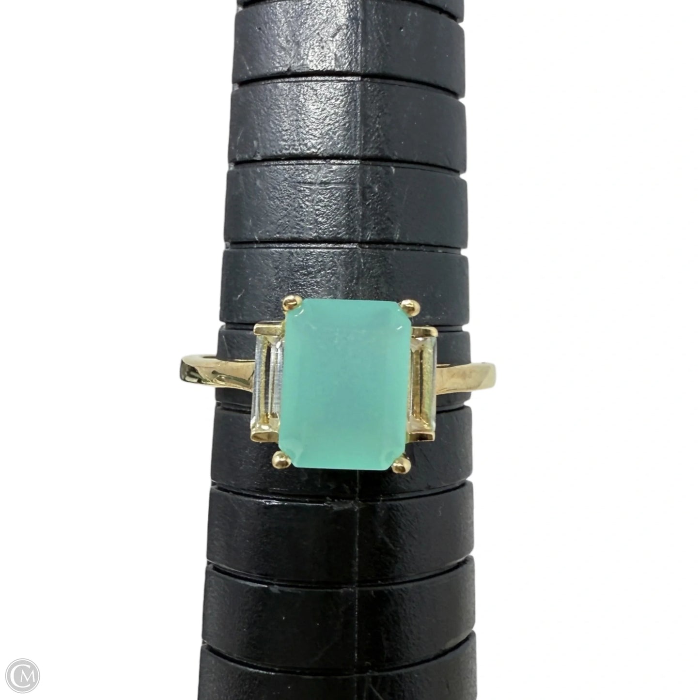 Emerald Cut Chalcedony & Clear Baguette Accents Brass Cocktail Ring By YS Gems, Size: 7