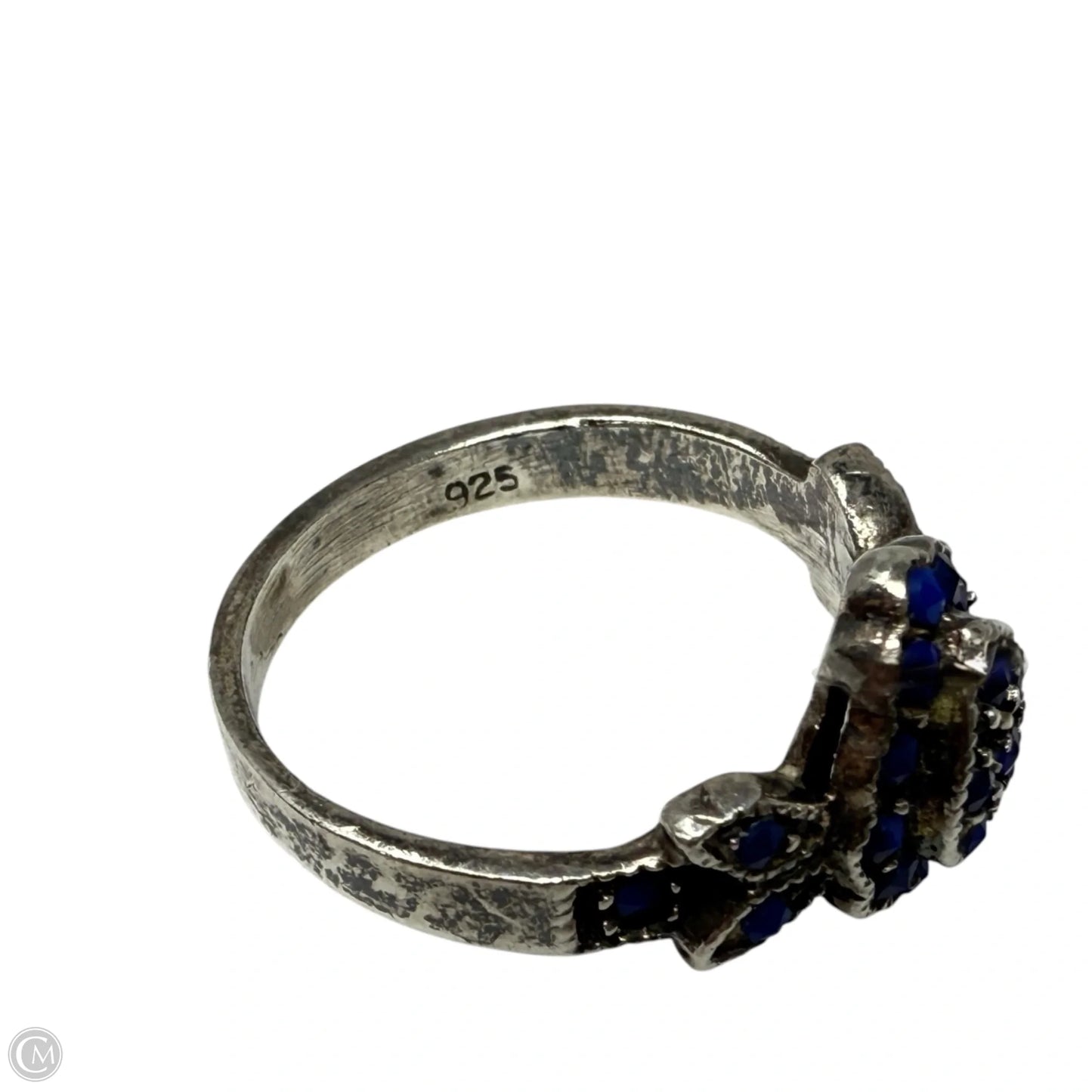 Sterling Silver & Blue Stone Heart Cluster Ring, Size: 7