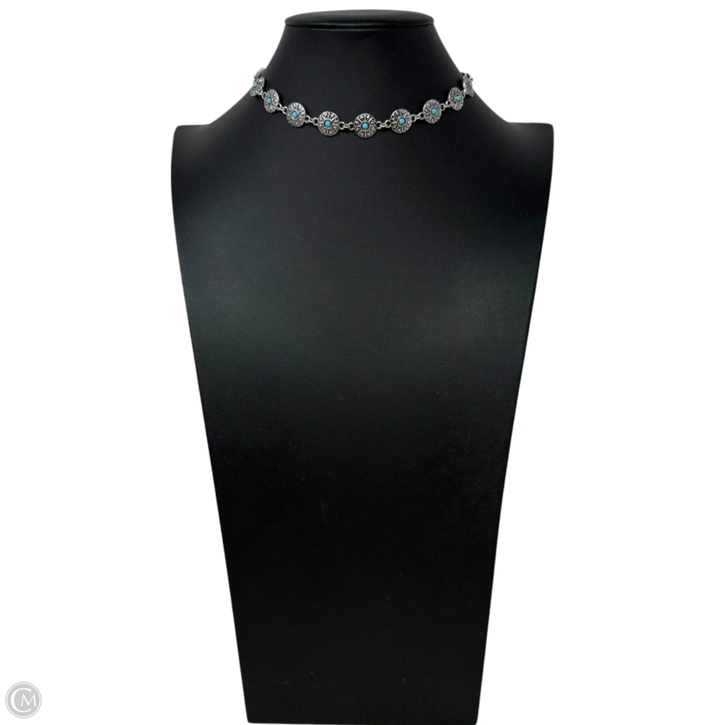 Silver & Turquoise Tone Concho Chain Choker Necklace