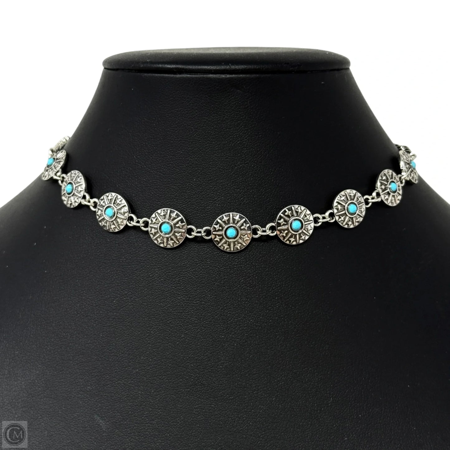 Silver & Turquoise Tone Concho Chain Choker Necklace