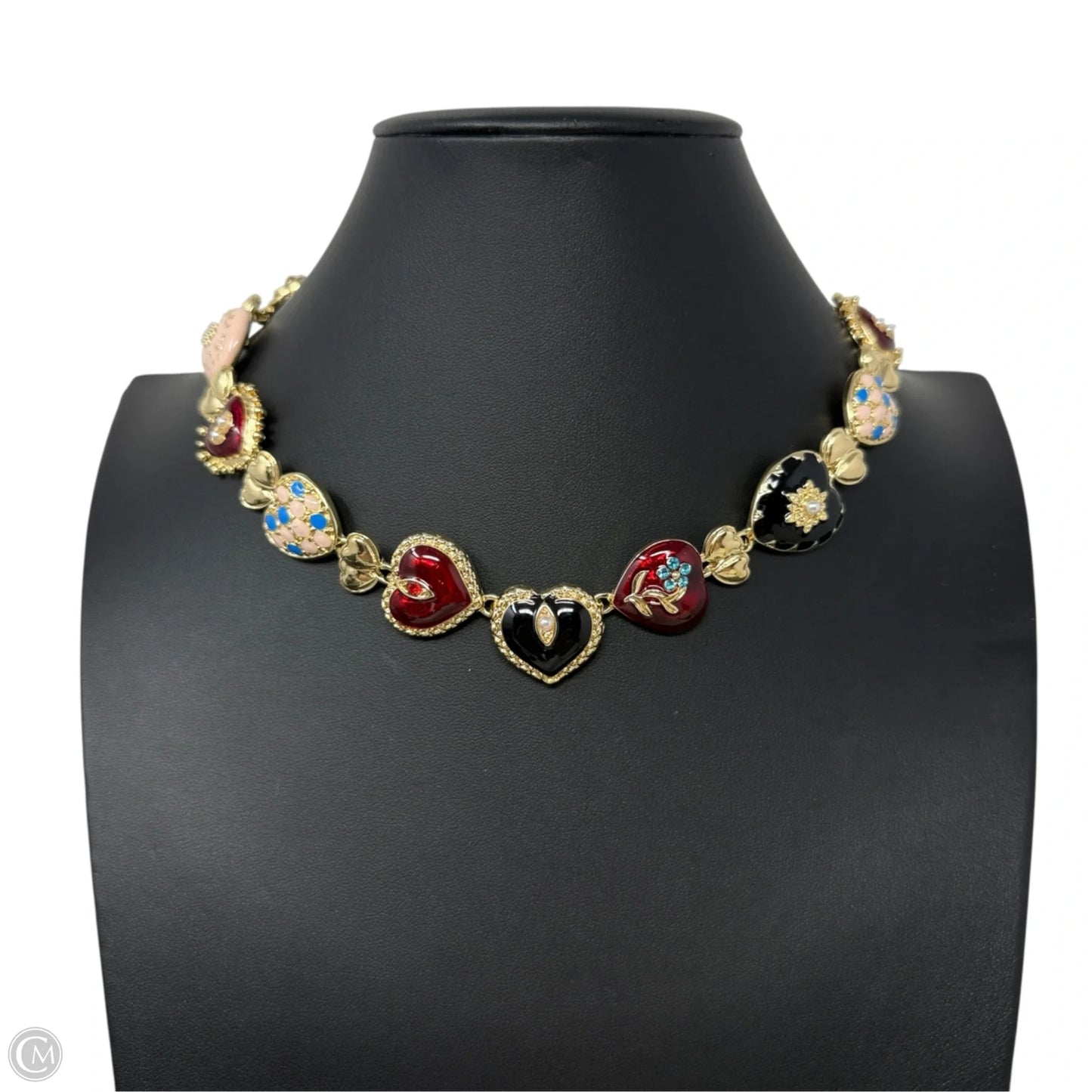 Gold Tone Multicolor Enamel Heart Collar Necklace