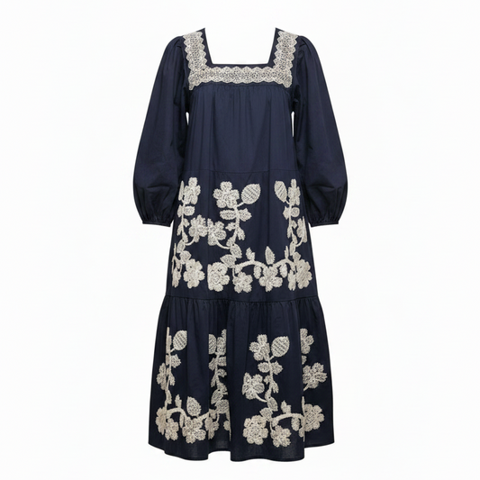 Square Neck Embroidered Dress Casual Maxi By &merci In Navy, Size: M