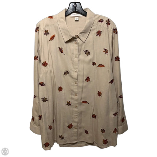 Fall Leaf Embroidered Long Sleeve Button Down Shirt By Coldwater Creek In Tan, Size: 1x