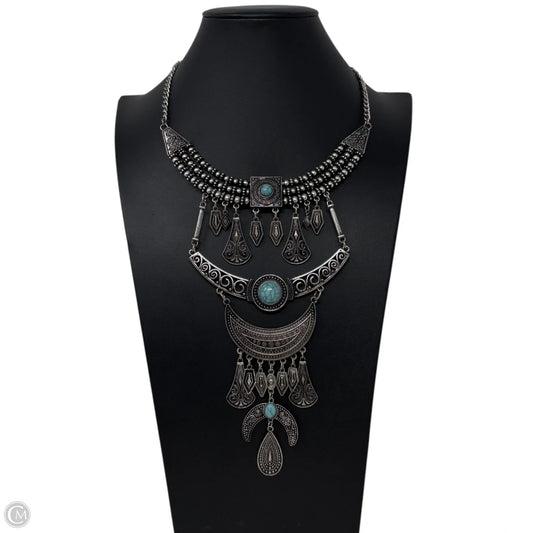 Bohemian Silver Tone & Faux Turquoise Bib Necklace