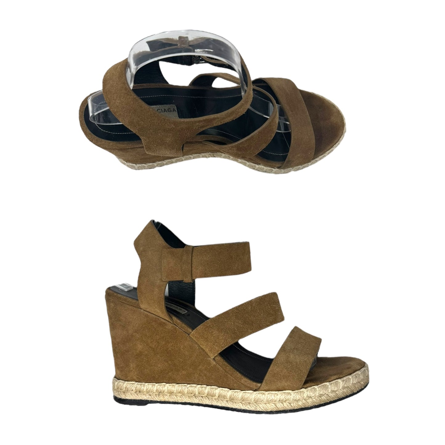 Suede Espadrille Wedge Sandals Luxury Designer By Balenciaga In Hazelnut Noisette, Size: 10