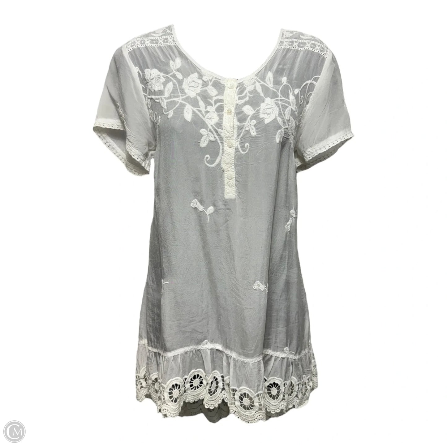 Rose Embroidered & Lace Ruffle Hem Tunic Top By Johnny Was In White, Size: S
