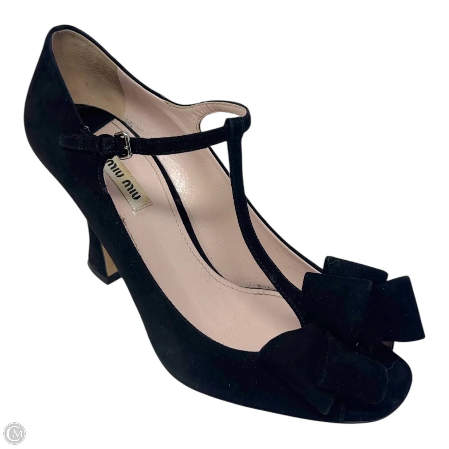 Suede T Strap Peep Toe Heels Shoes Luxury Designer By Miu Miu In Black, Size: 10 (IT 40)