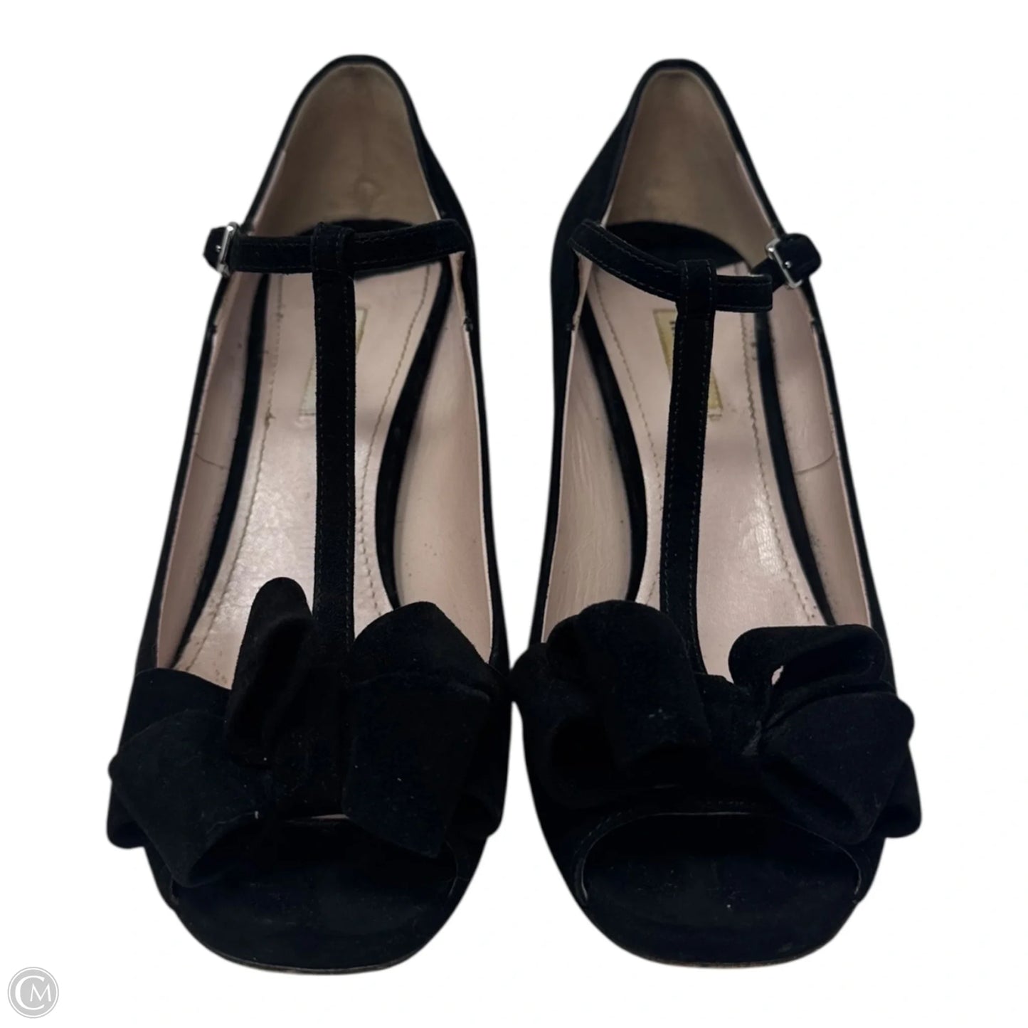 Suede T Strap Peep Toe Heels Shoes Luxury Designer By Miu Miu In Black, Size: 10 (IT 40)