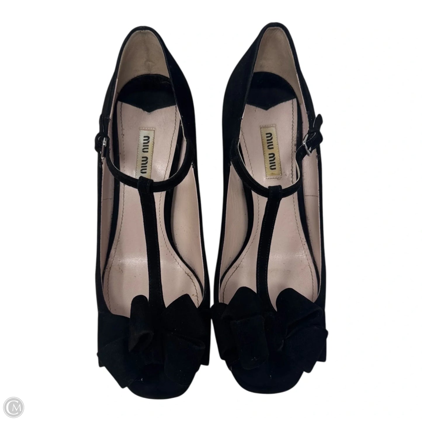 Suede T Strap Peep Toe Heels Shoes Luxury Designer By Miu Miu In Black, Size: 10 (IT 40)