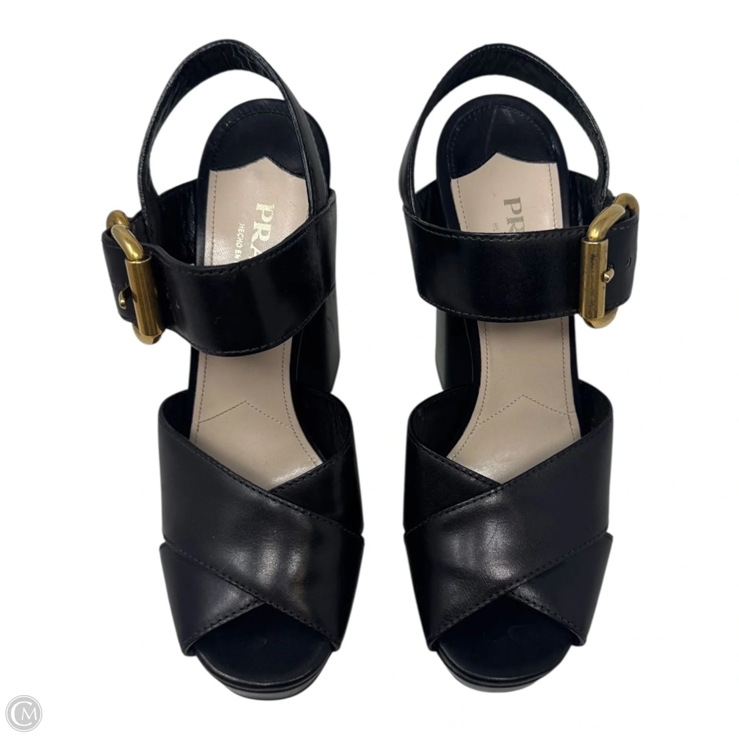 Platform Buckle Block Heels Shoes Luxury Designer By Prada In Black, Size: 11 (IT 41)