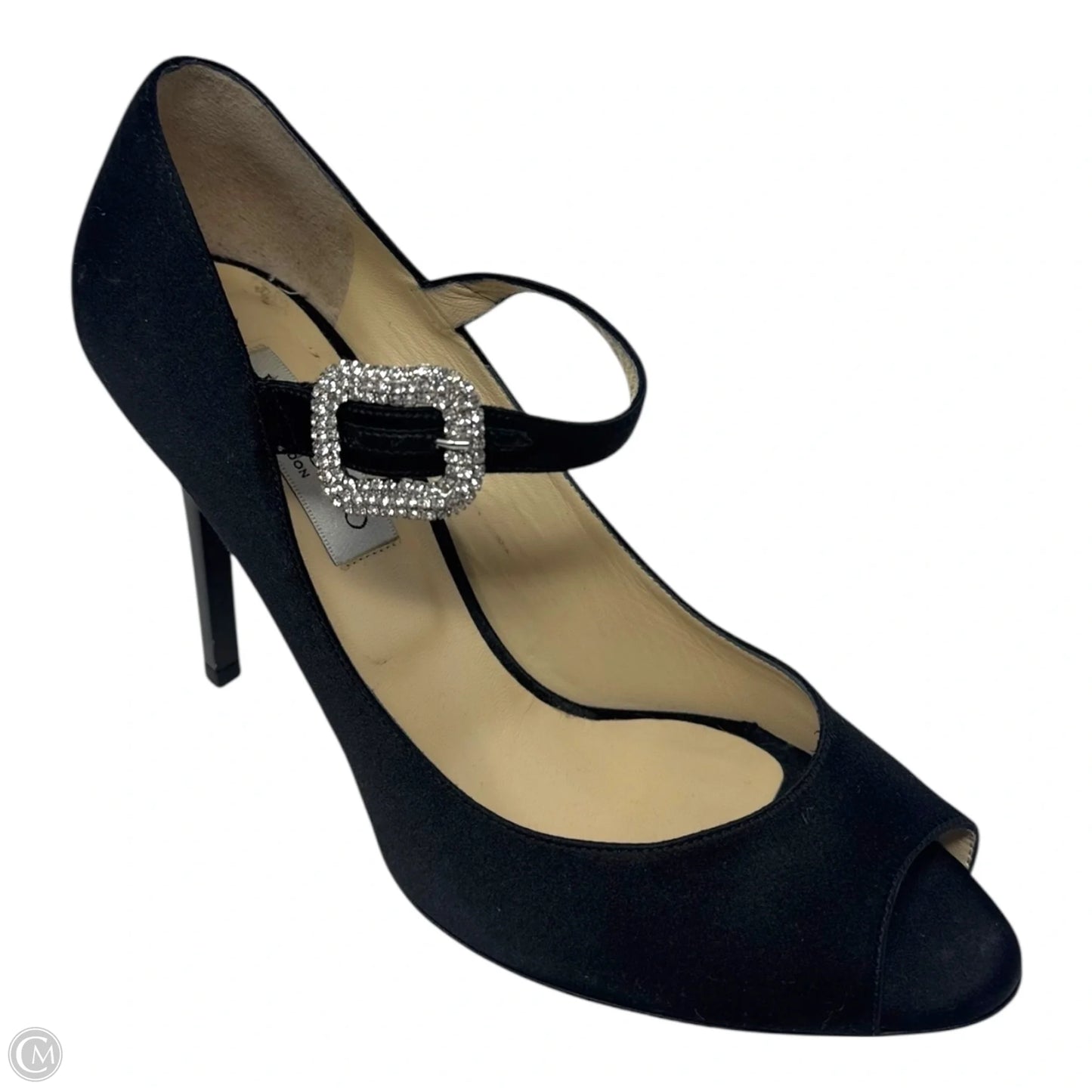 Embellished Buckle Peep Tor Heels Shoes Luxury Designer By Jimmy Choo In Black, Size: 11 (IT 41)