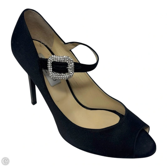 Embellished Buckle Peep Tor Heels Shoes Luxury Designer By Jimmy Choo In Black, Size: 11 (IT 41)