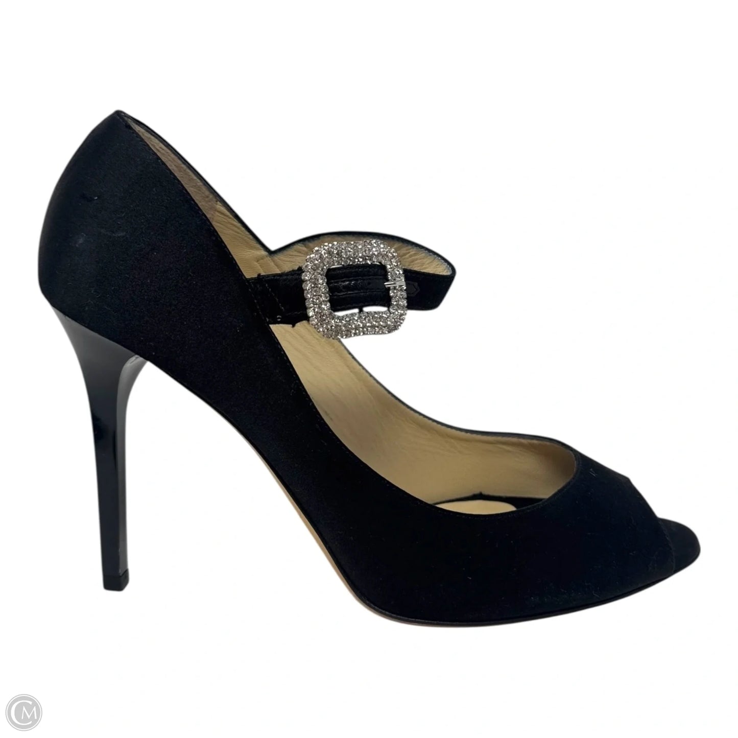 Embellished Buckle Peep Tor Heels Shoes Luxury Designer By Jimmy Choo In Black, Size: 11 (IT 41)