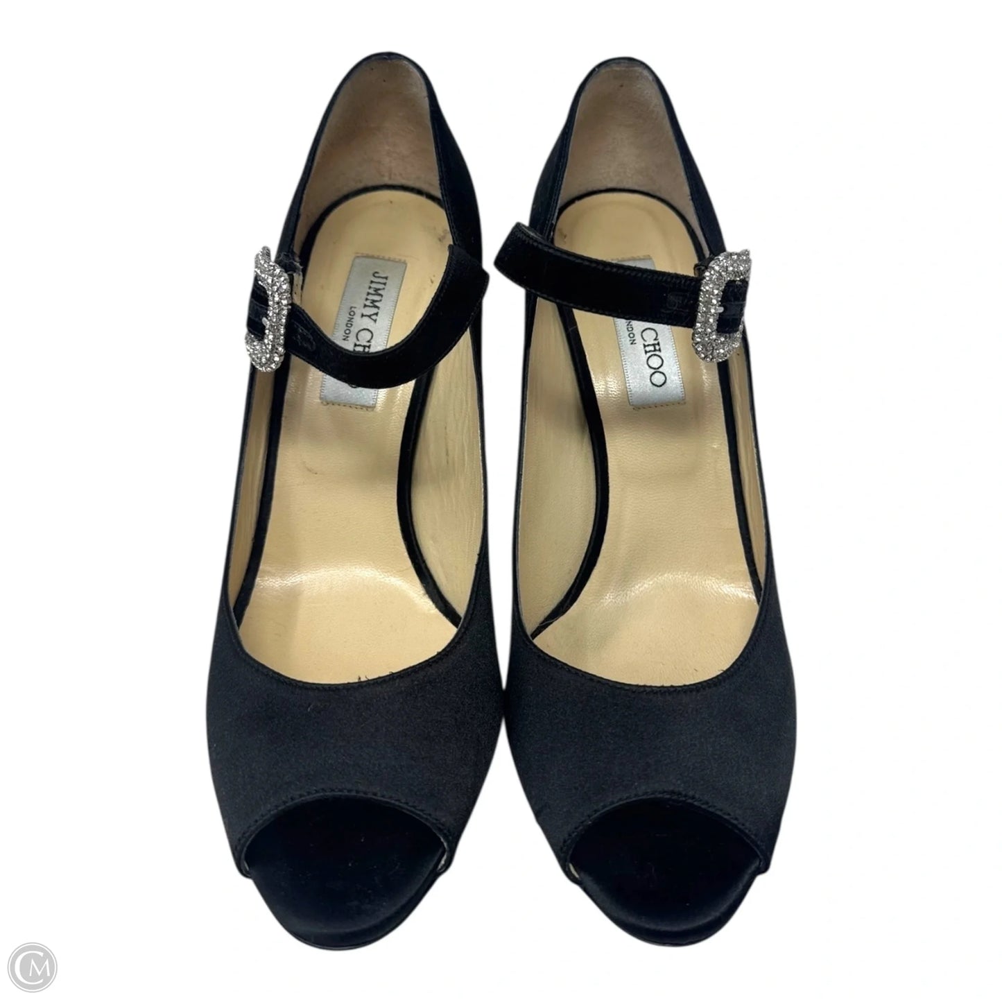 Embellished Buckle Peep Tor Heels Shoes Luxury Designer By Jimmy Choo In Black, Size: 11 (IT 41)