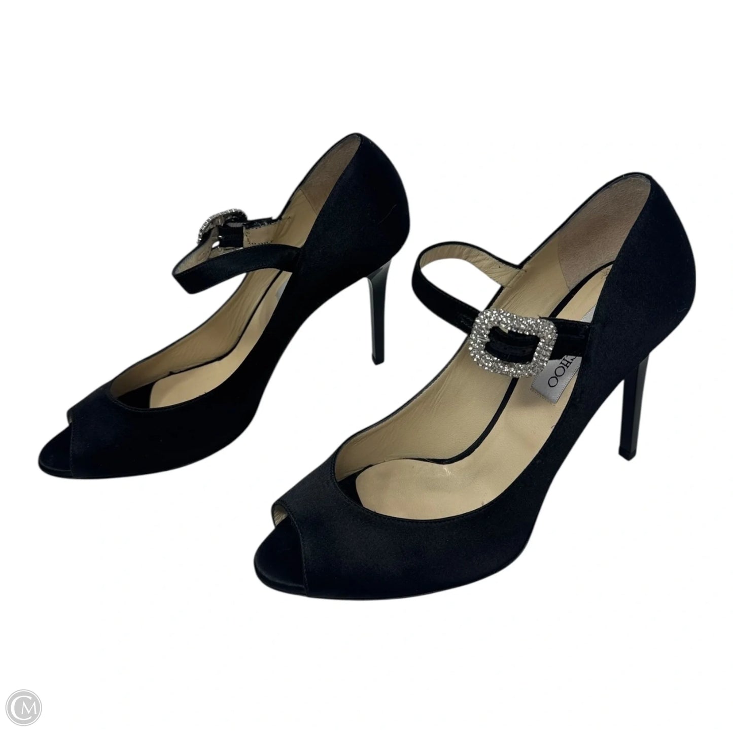 Embellished Buckle Peep Tor Heels Shoes Luxury Designer By Jimmy Choo In Black, Size: 11 (IT 41)