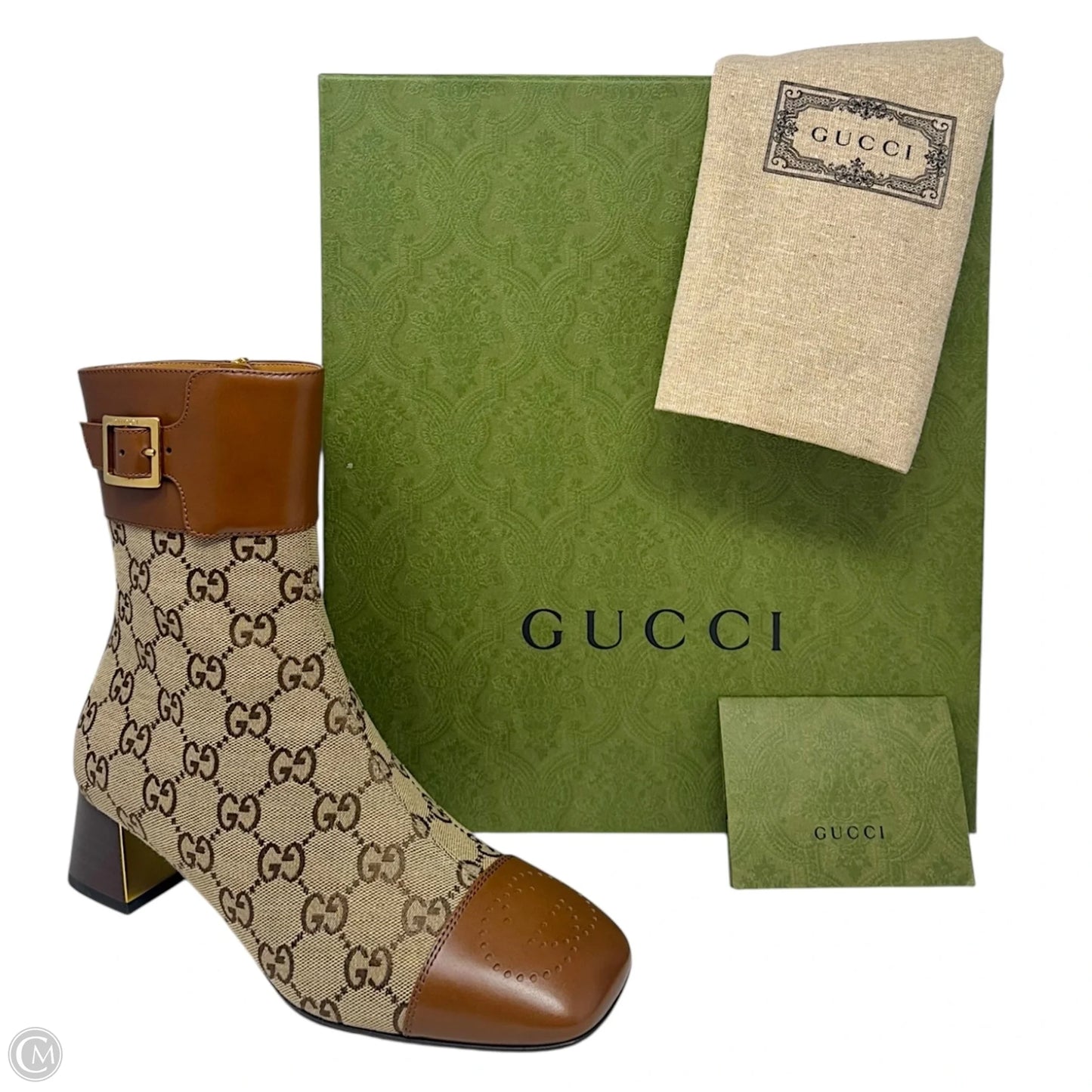 Ellis GG Supreme Canvas & Leather Cap Toe Ankle Boots Luxury Designer By Gucci In Camel Ebony, Size: 7.5