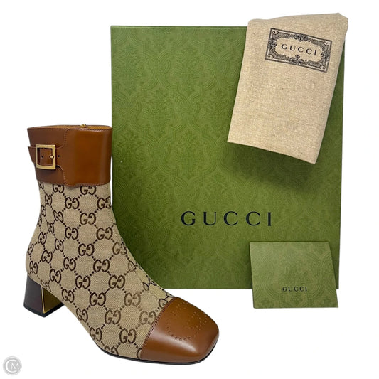 Ellis GG Supreme Canvas & Leather Cap Toe Ankle Boots Luxury Designer By Gucci In Camel Ebony, Size: 7.5