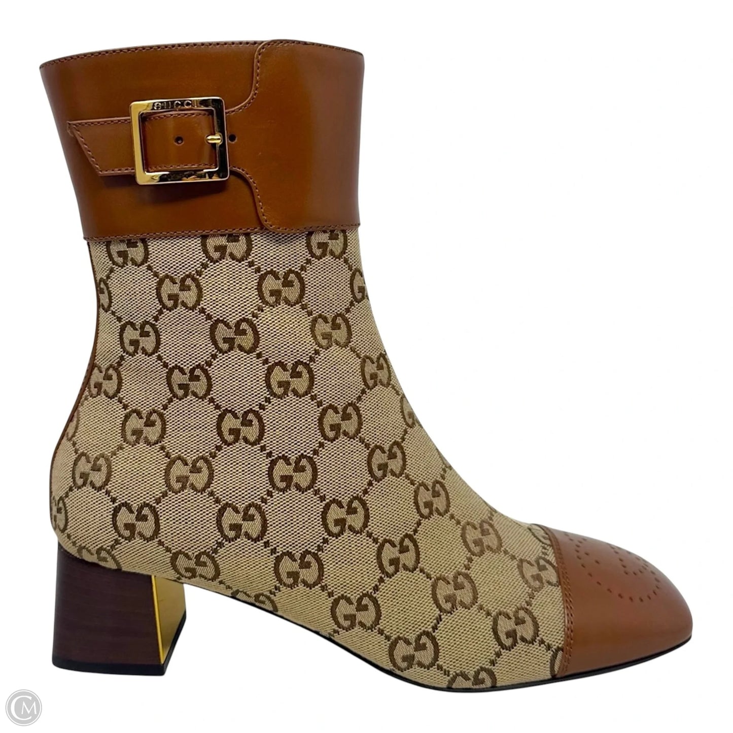 Ellis GG Supreme Canvas & Leather Cap Toe Ankle Boots Luxury Designer By Gucci In Camel Ebony, Size: 7.5
