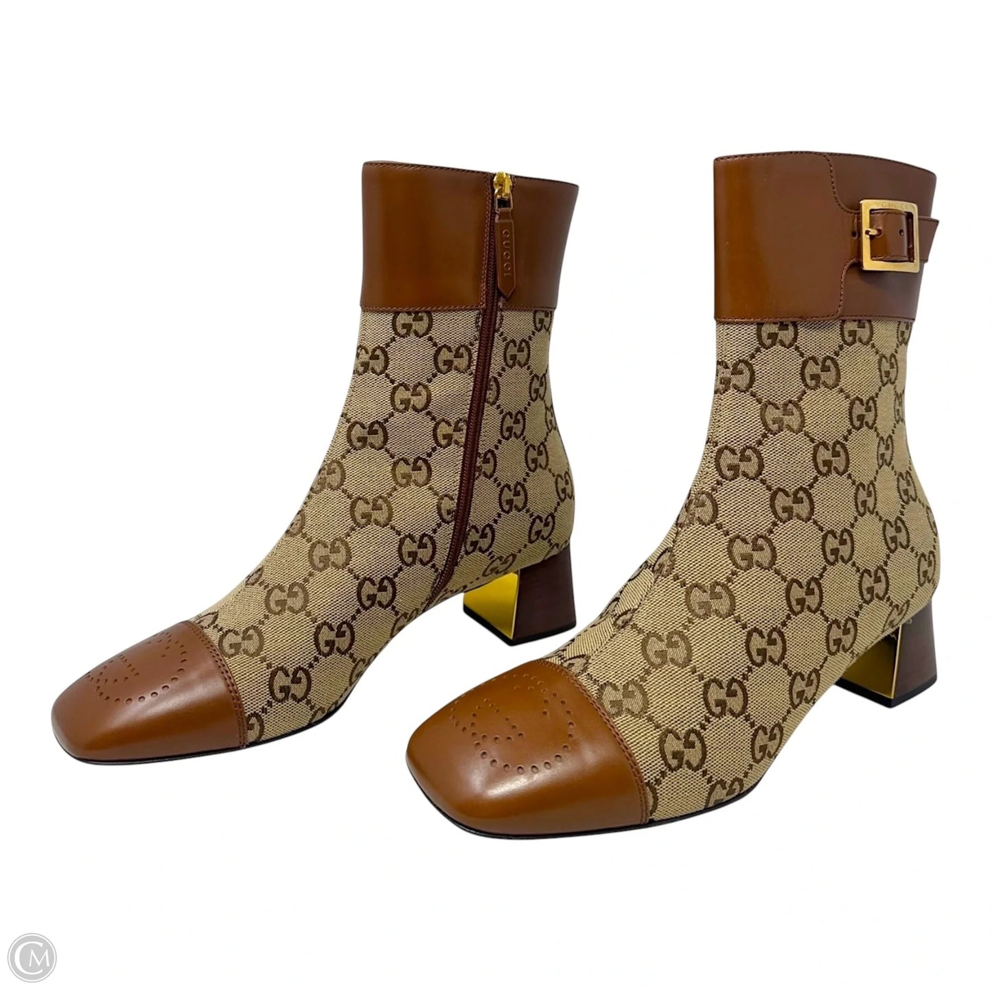 Ellis GG Supreme Canvas & Leather Cap Toe Ankle Boots Luxury Designer By Gucci In Camel Ebony, Size: 7.5