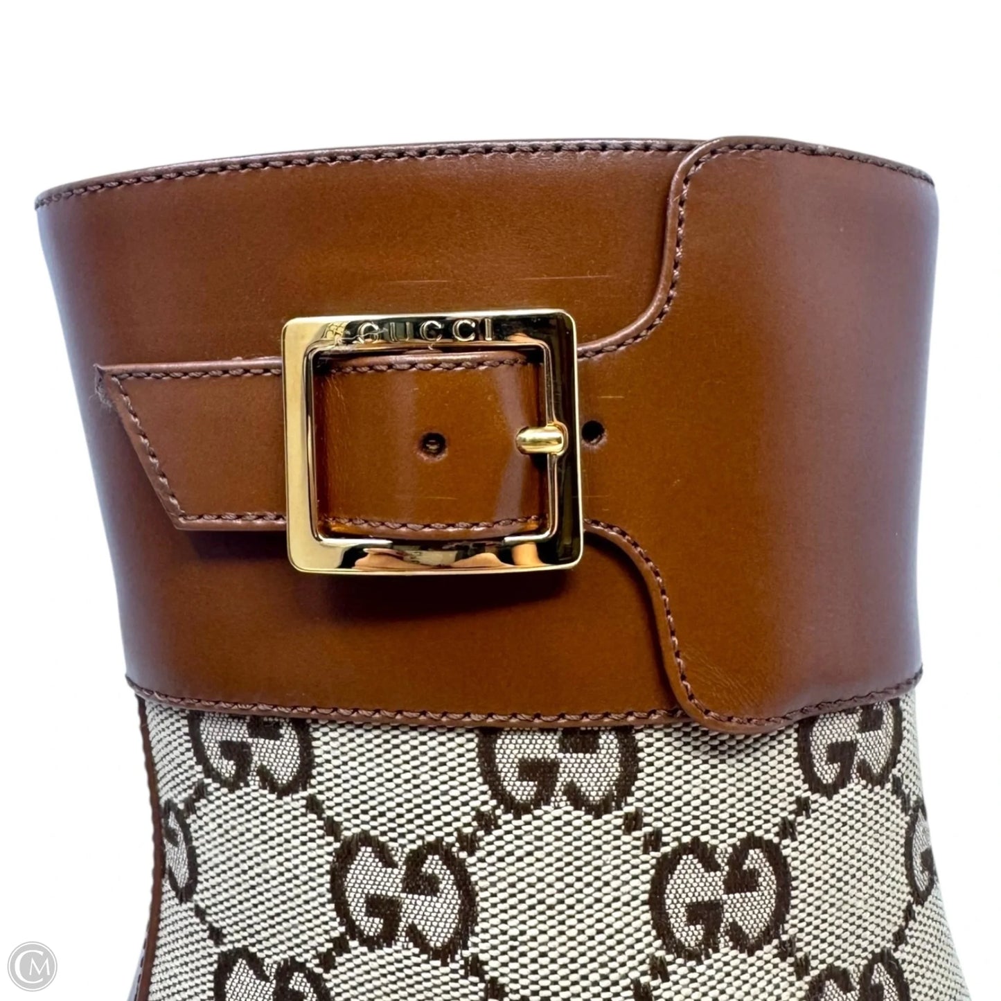 Ellis GG Supreme Canvas & Leather Cap Toe Ankle Boots Luxury Designer By Gucci In Camel Ebony, Size: 7.5