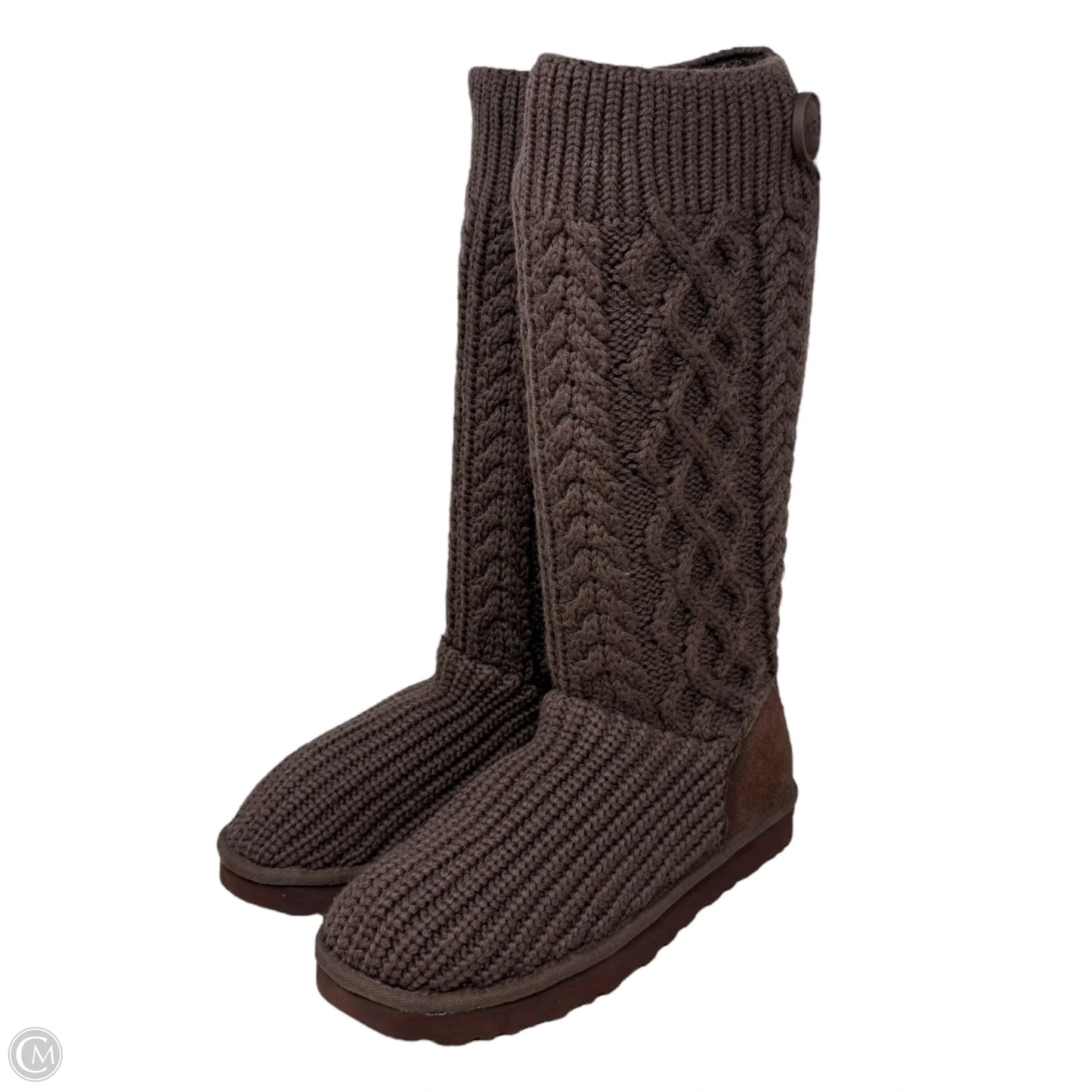 Classic Cardi Cabled Knit Boots Designer By Ugg In Brown, Size: 10