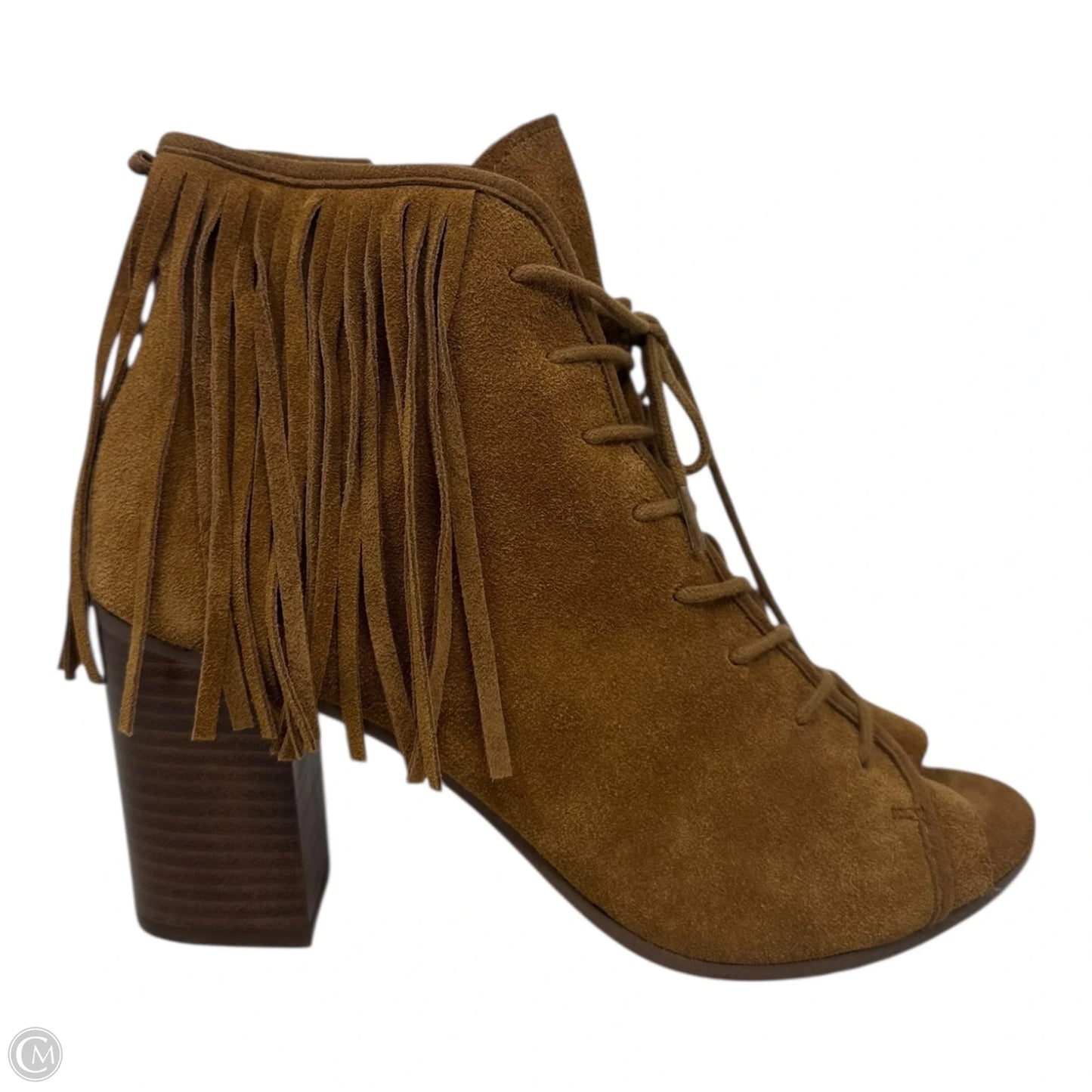 Fringe Peep Toe Boots Ankle Heels By Steve Madden In Tan, Size: 8