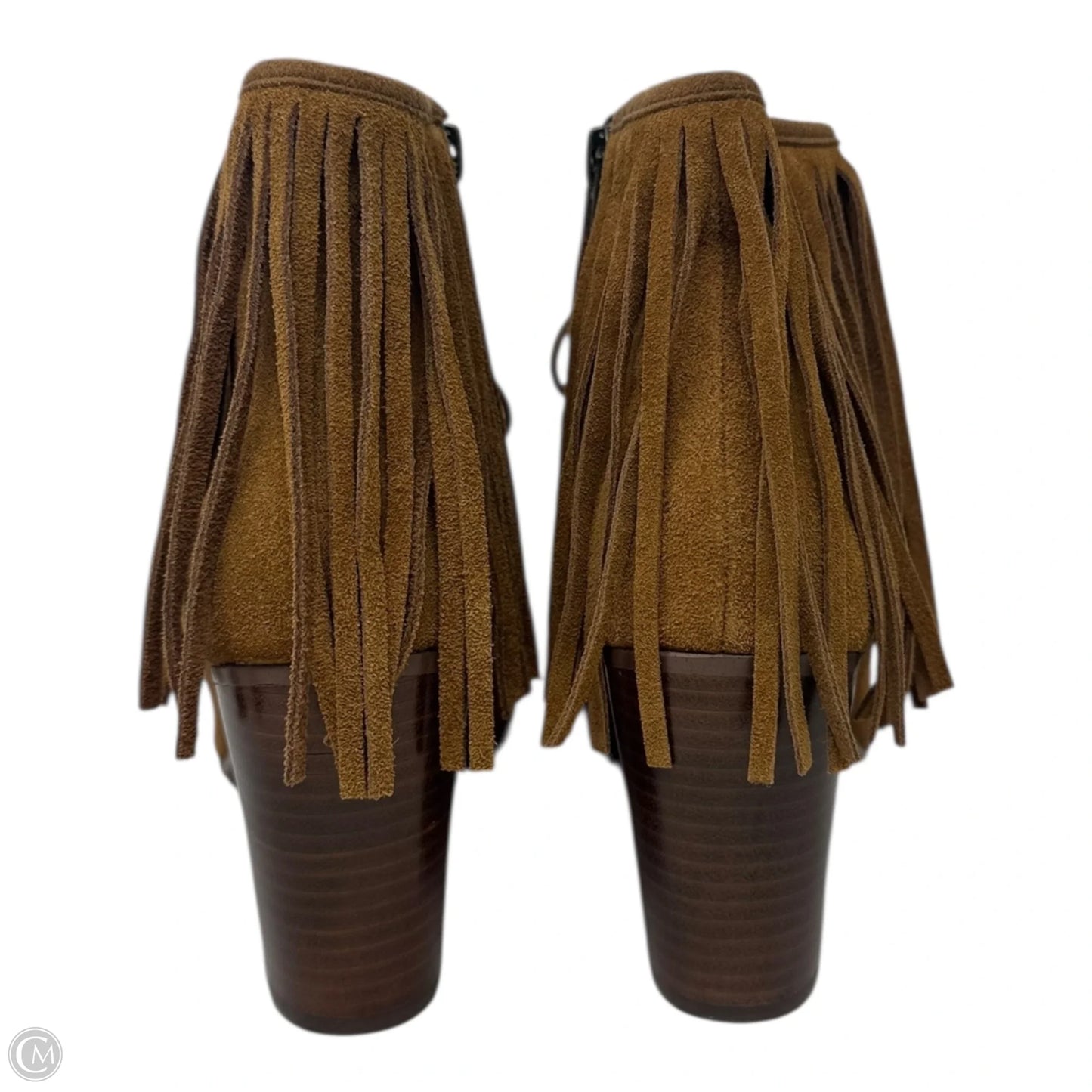 Fringe Peep Toe Boots Ankle Heels By Steve Madden In Tan, Size: 8