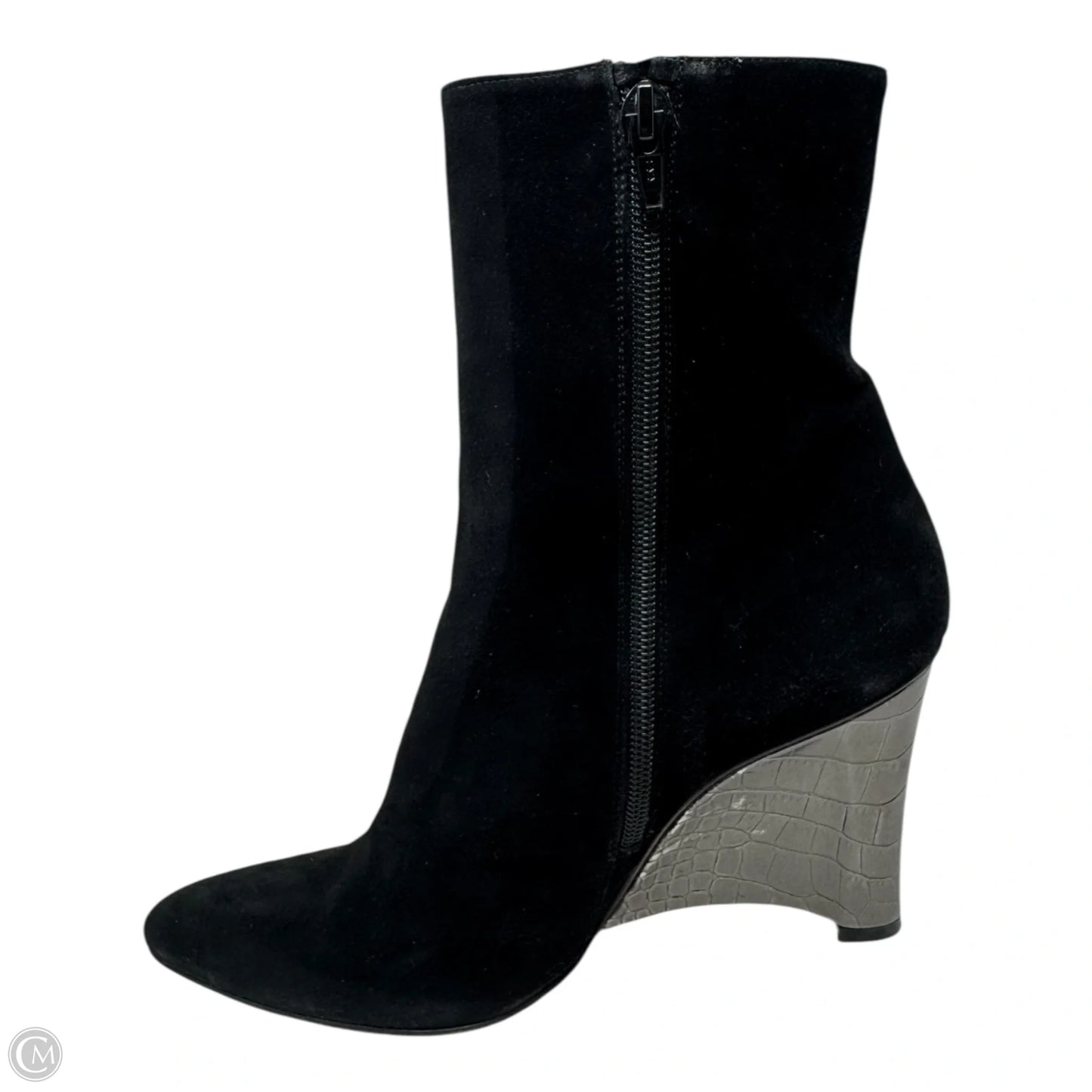 Suede Croc Embossed Wedge Heel Ankle Boots Designer By Stuart Weitzman In Black & Silver, Size: 9.5