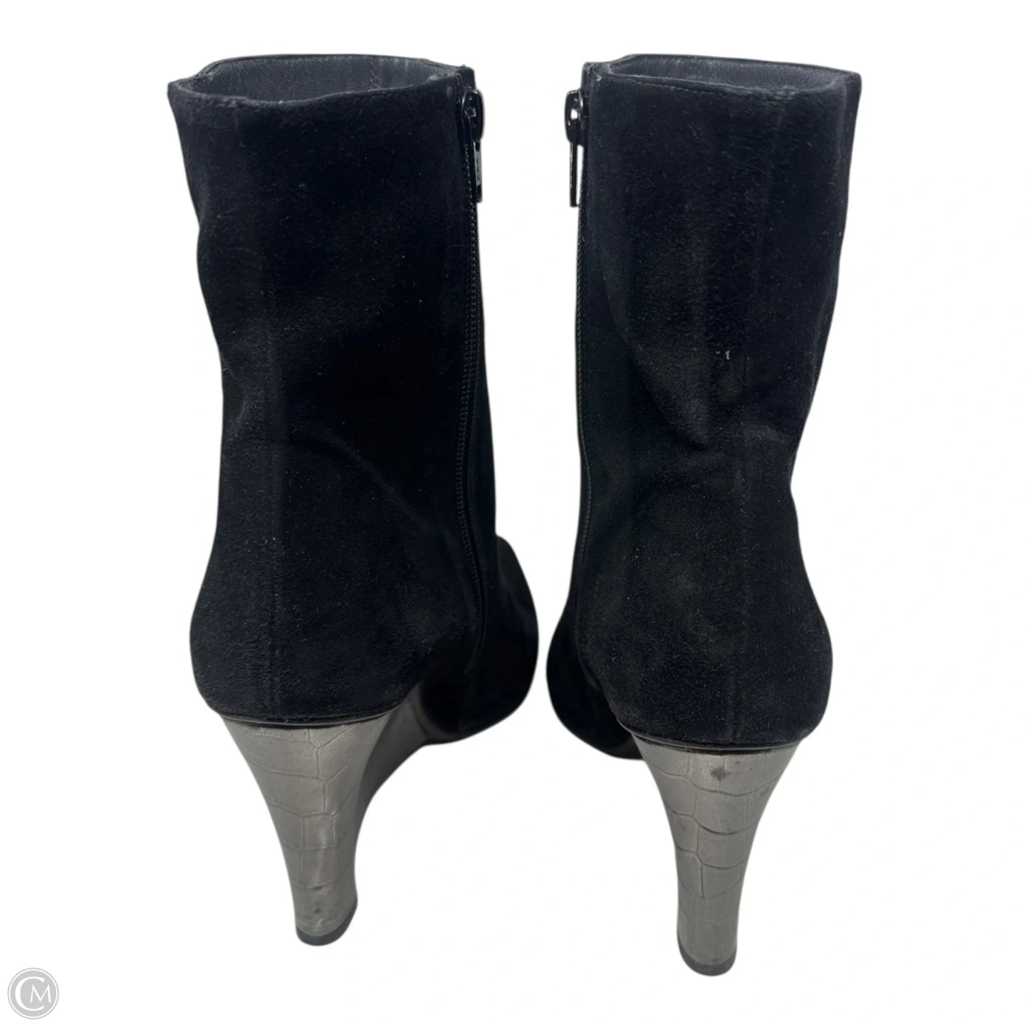 Suede Croc Embossed Wedge Heel Ankle Boots Designer By Stuart Weitzman In Black & Silver, Size: 9.5