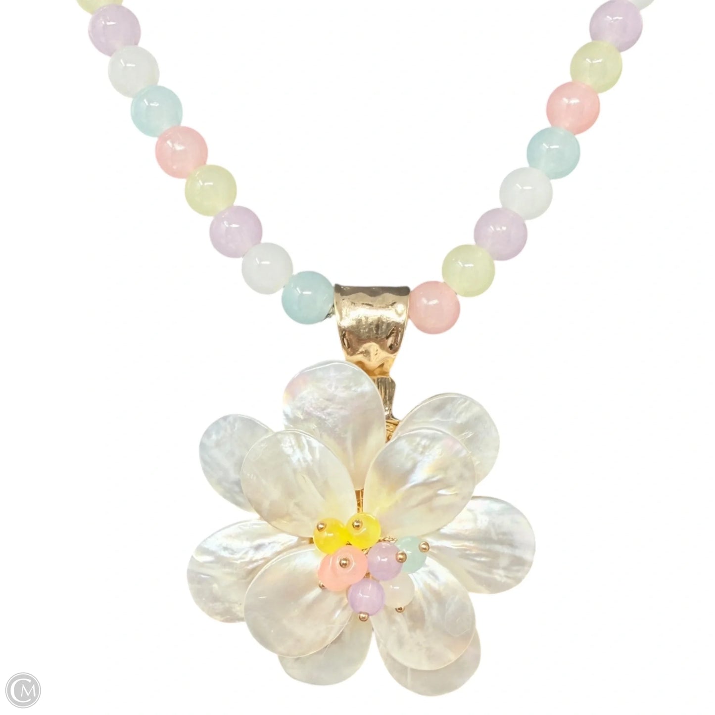 Multicolor Pastel Beaded Mother of Pearl Flower Pendant Statement Necklace