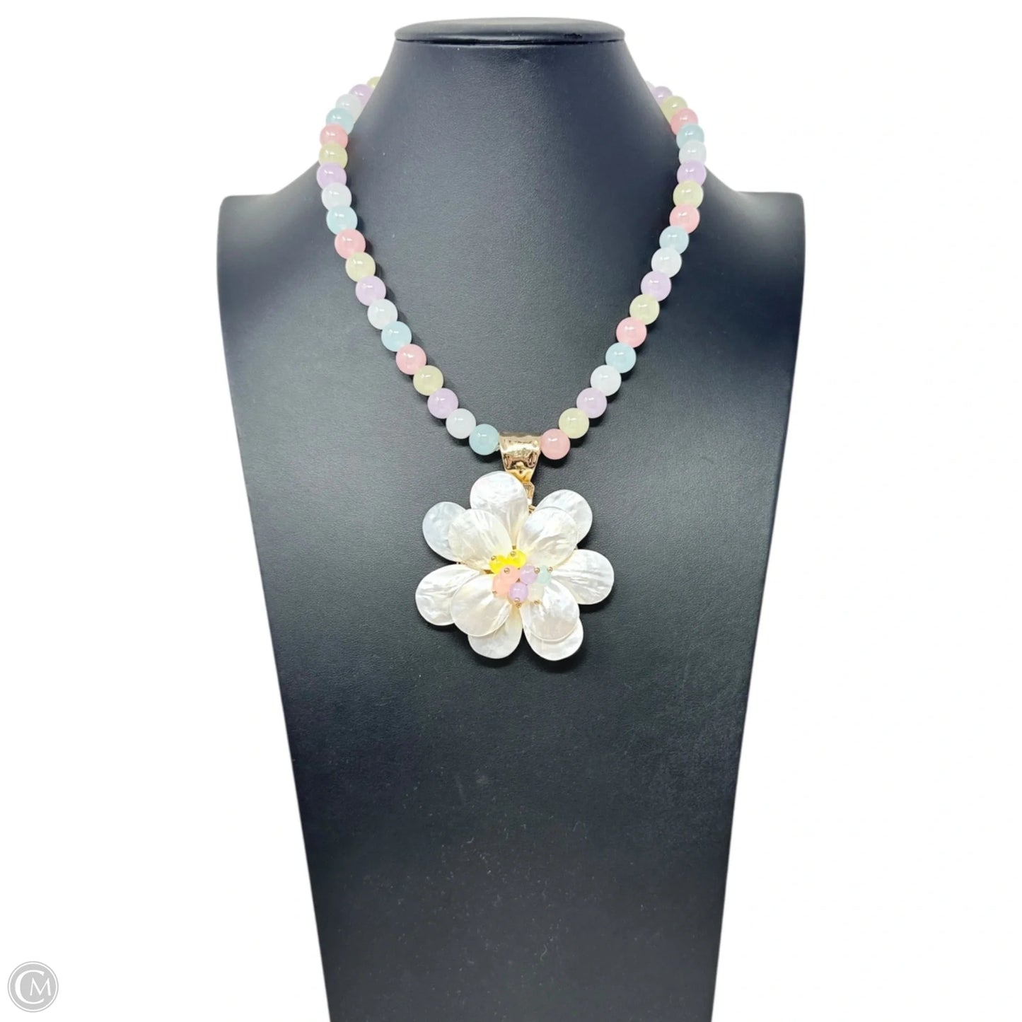 Multicolor Pastel Beaded Mother of Pearl Flower Pendant Statement Necklace