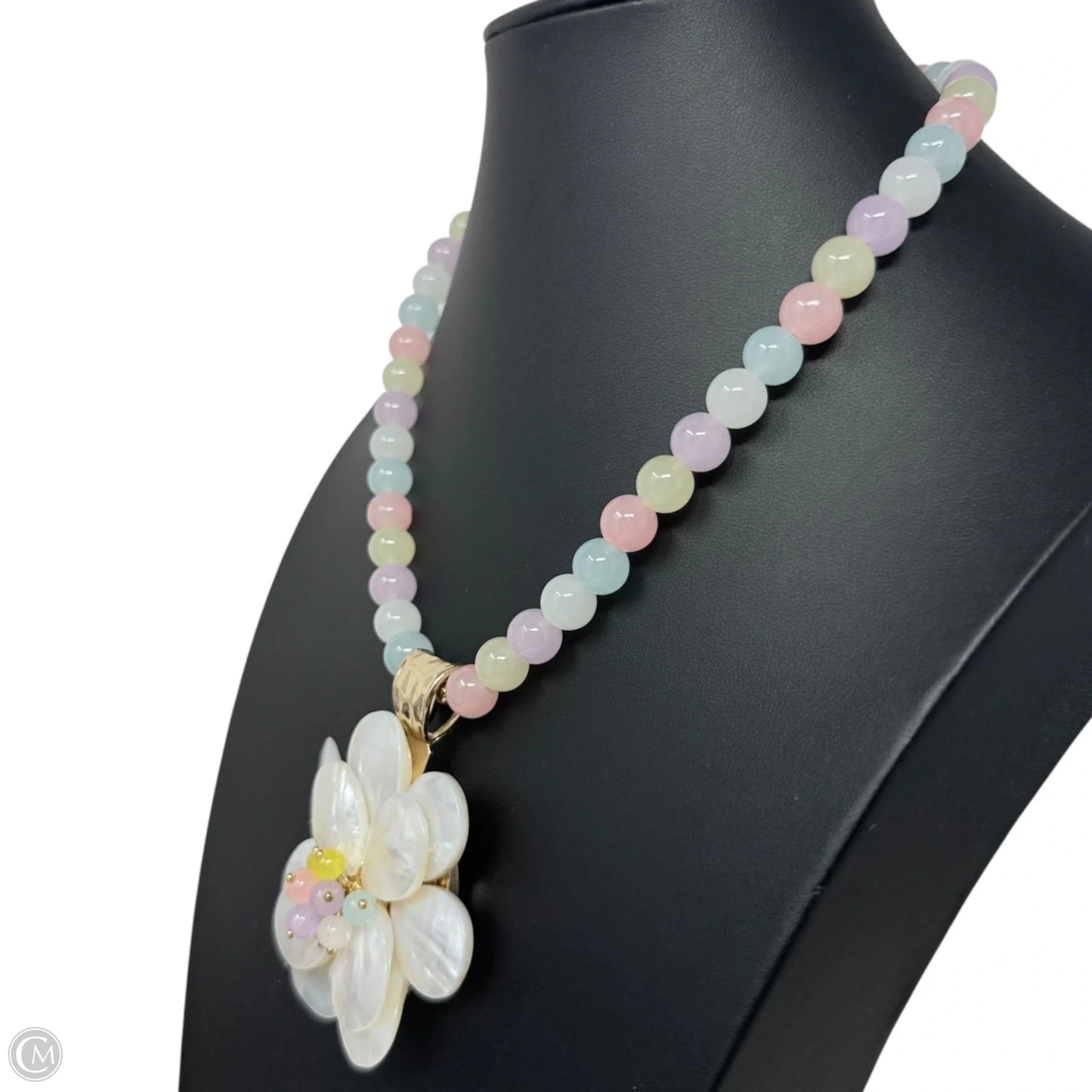 Multicolor Pastel Beaded Mother of Pearl Flower Pendant Statement Necklace