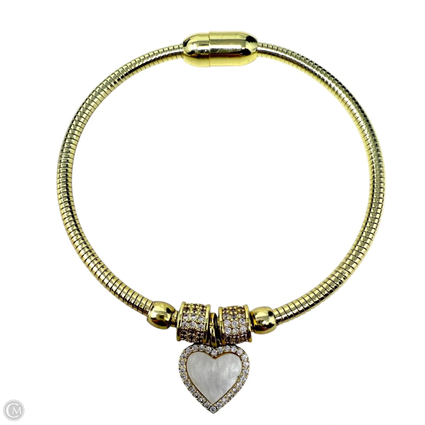 Brass, CZ & Mother Of pearl Double Sided Heart Charm Bracelet By Arm Candy By Eye Candy LA