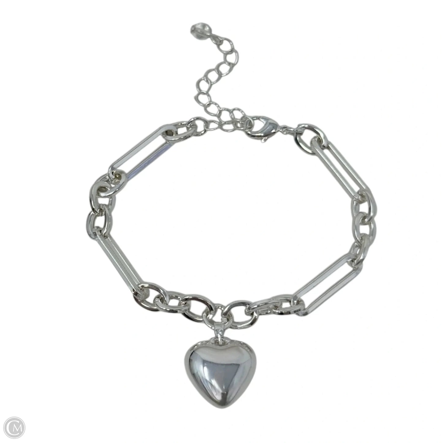 Silver Tone Paperclip Chain Puffy Heart Charm Bracelet