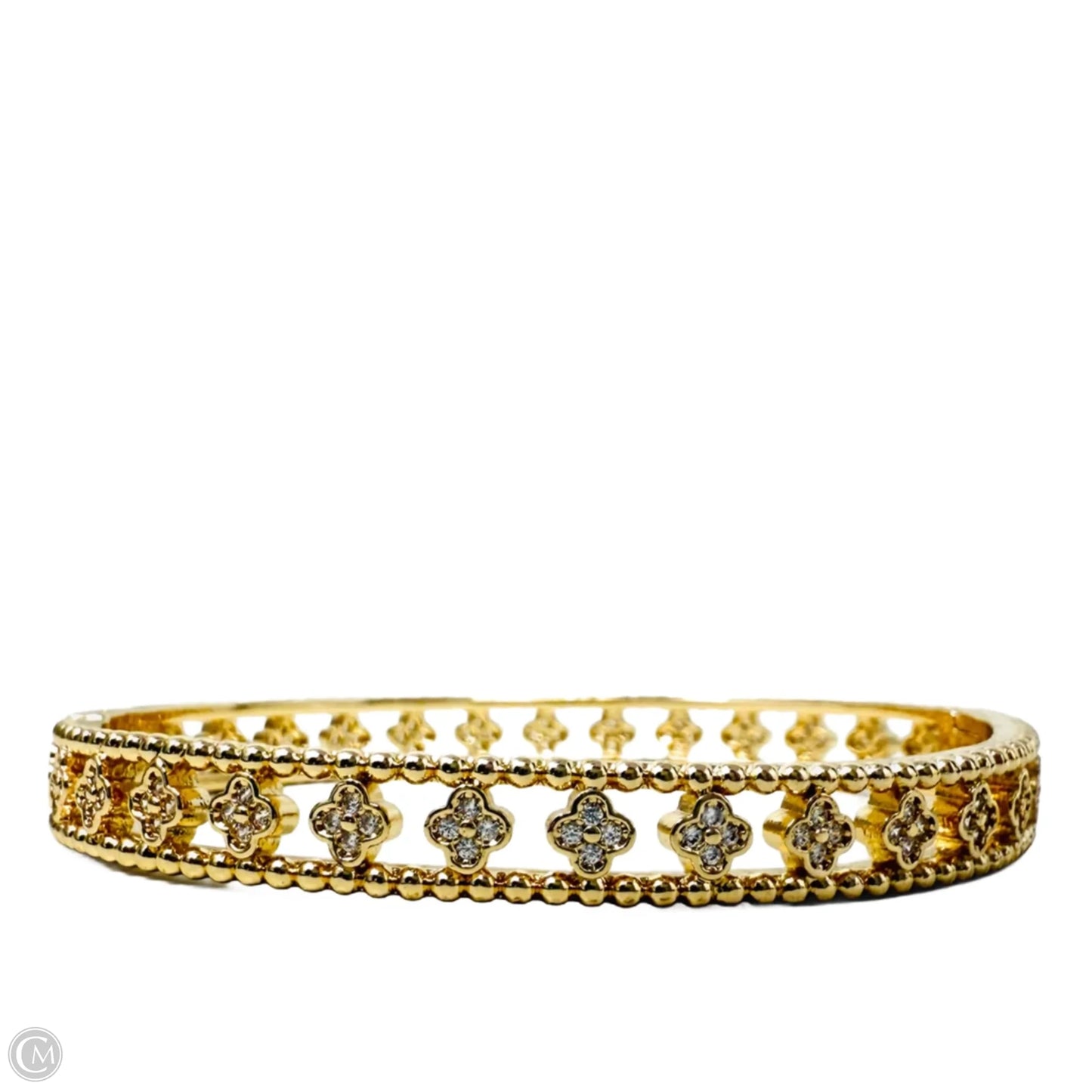 Gold Tone Cubic Zirconia Clovers Cuff Bangle Bracelet