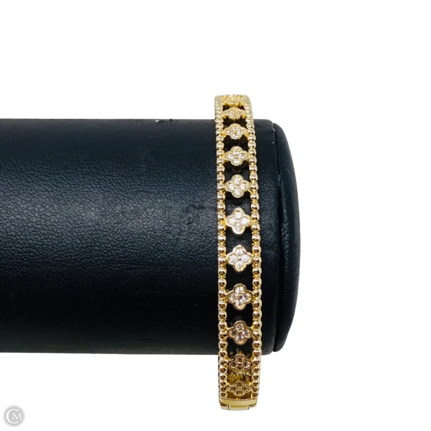 Gold Tone Cubic Zirconia Clovers Cuff Bangle Bracelet