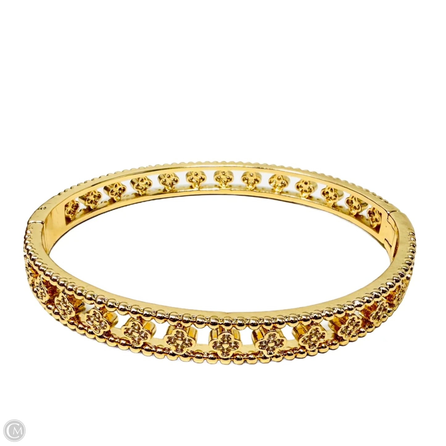 Gold Tone Cubic Zirconia Clovers Cuff Bangle Bracelet
